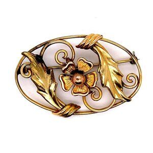 VTG Estate BB 1/20th 12K Gold Filled Flower Leave Foral Oval Brooch Pin! 42‎